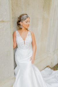 classic lace bodice mermaid wedding dress with bridcage veil and pearl earrings