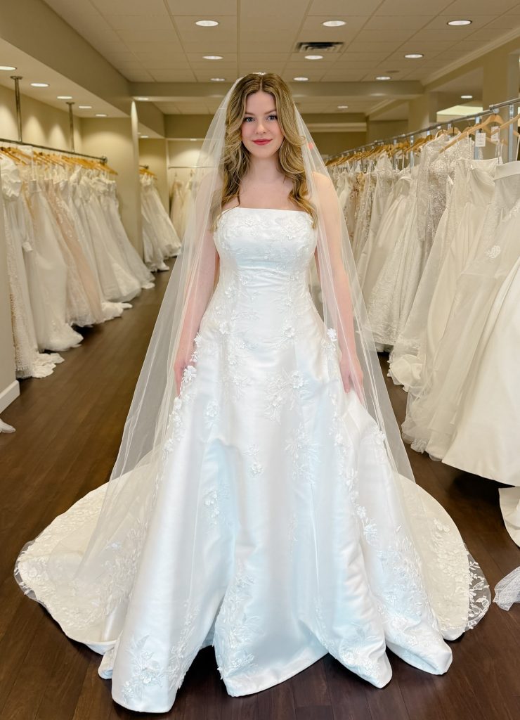 Essense of Australia D4479 drop waist ballgown with 3D floral elements