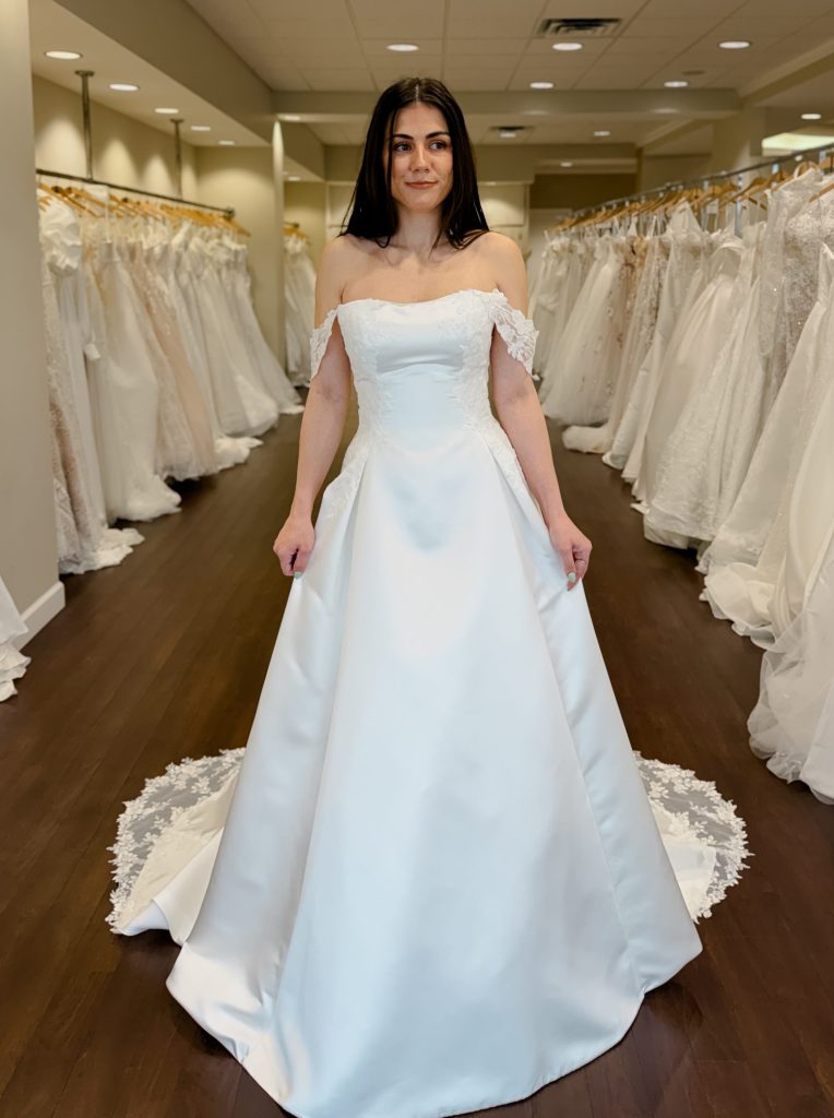 Strapless satin ballgown wedding dress with lace off the shoulder straps