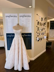 Say Yes to the Dress Wall at One Fine Day Bridal with Martina Liana 1963 on a mannequin